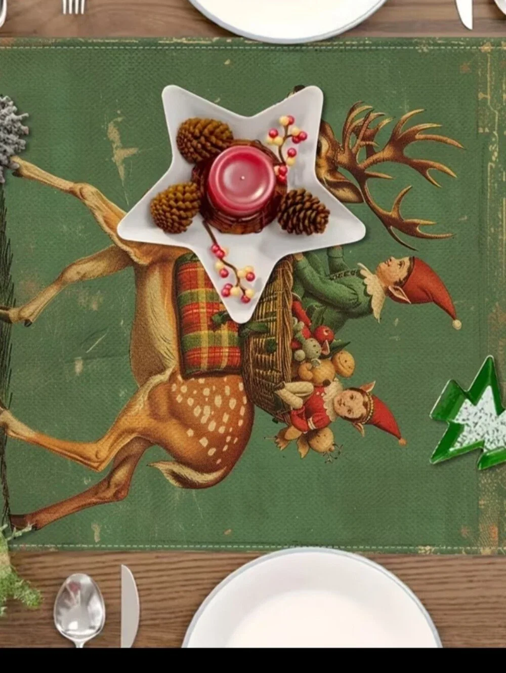German Barvarian Christmas Tablecloth Runner Elves Reindeers Retro Cottagecore